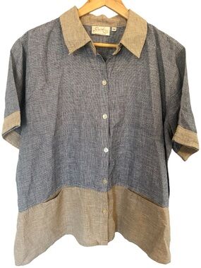 PAPER LACE Linen Lagenlook Button Down Shirt Lightweight Folk Art Top W OS